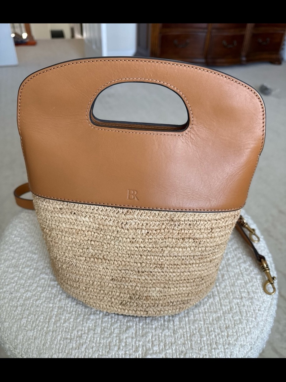 Banana Republic Structured Raffia Bucket Bag Tan Leather Crossbody